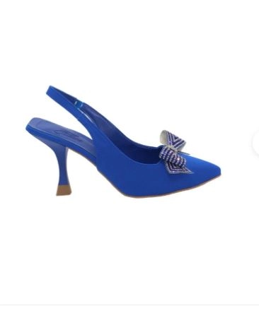 Mergenshoes K041 Mavi Fiyonklu 7 Cm Klasik Topuk Kadın Ayakkabı