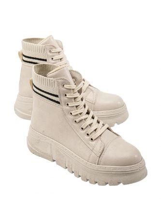 Mergenshoes Mf1007 Bej Tiriko Cilt Kışlık Bağcıklı Kadın Bot