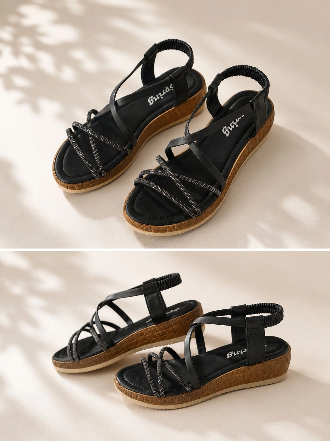 Mergenshoes Srg S28 Siyah Günlük Çapraz Taşlı Kadın Sandalet