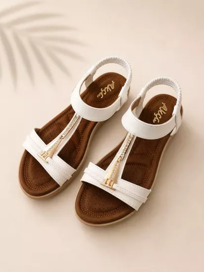 Mergenshoes Akç A26 Beyaz Günlük Taşlı Kadın Sandalet Ayakkabı