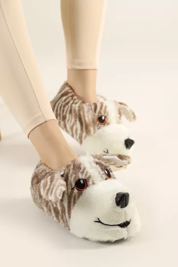  Mergenshoes Unisex Çocuk Hayvanlı Köpekli Panduf (Taba-Beyaz)