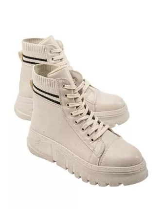 Mergenshoes Mf1007 Bej Tiriko Cilt Kışlık Bağcıklı Kadın Bot
