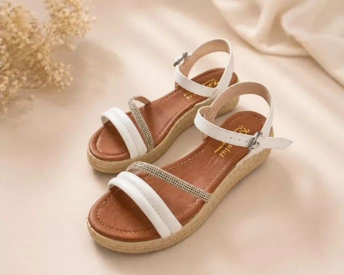 Mergenshoes Srg S29 Beyaz Günlük Taşlı Kadın Sandalet Ayakkabı