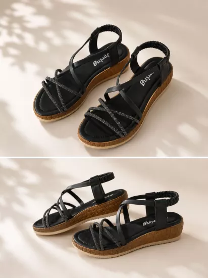 Mergenshoes Srg S28 Siyah Günlük Çapraz Taşlı Kadın Sandalet