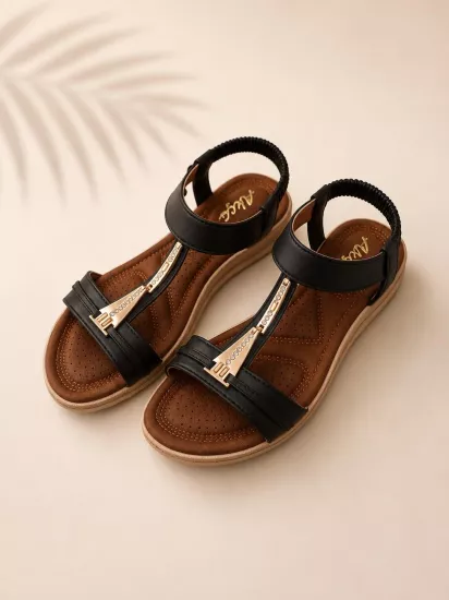 Mergenshoes Akç A26 Siyah Günlük Taşlı Kadın Sandalet Ayakkabı