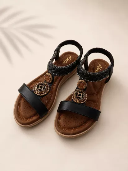 Mergenshoes Akç A23 Siyah Günlük Taşlı Kadın Sandalet Ayakkabı