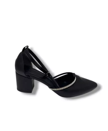 Mergenshoes T011 Siyah Taşlı 5 Cm Kalın Topuk Kadın Ayakkabı