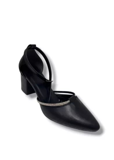 Mergenshoes T011 Siyah Taşlı 5 Cm Kalın Topuk Kadın Ayakkabı